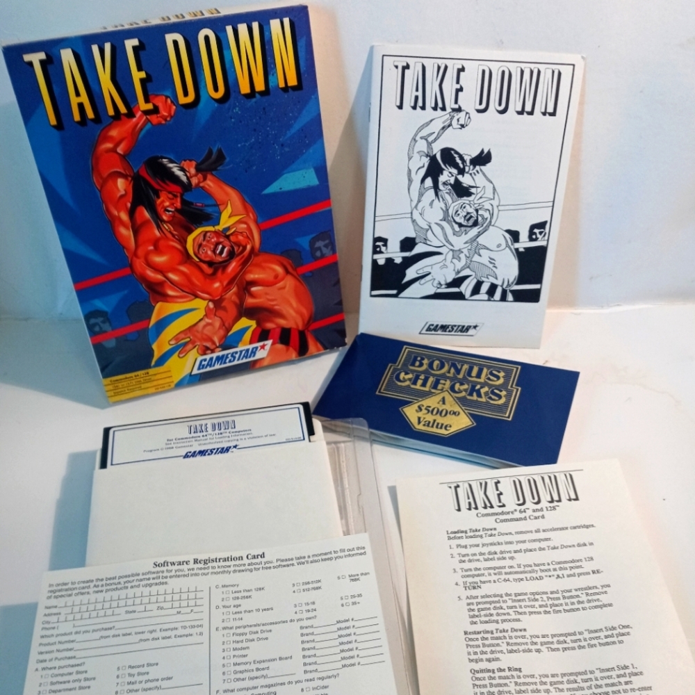 1988 Vintage Gamestar Take Down Wrestling Commodore C64 / 128 Game Action Arcade